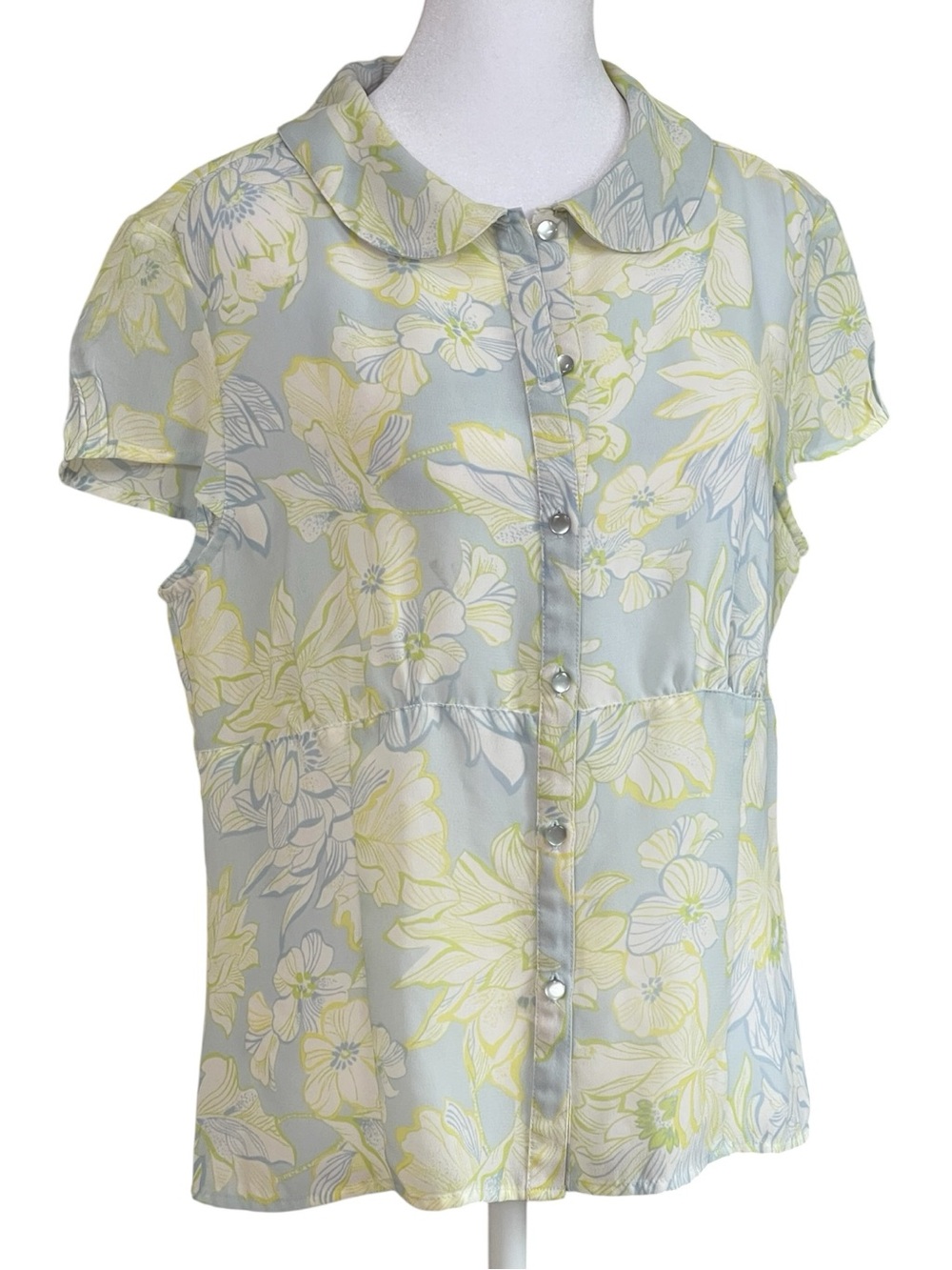 Oscar de la Renta Pale Blue Yellow Citron Floral Button-Up Blouse Sz 12P Vintage